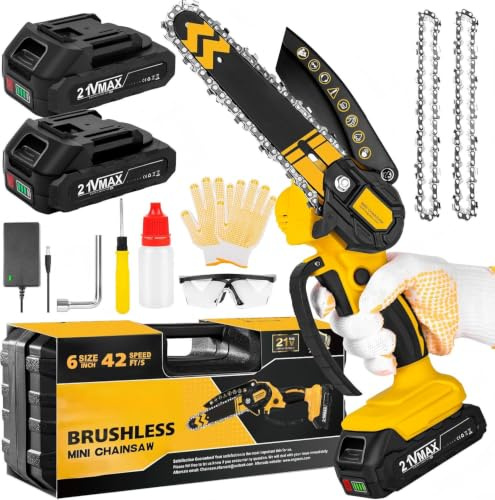 Brushless Mini Motosega a Batteria, Motosega Elettrica a Batteria,6 Pollici Motosega Elettrica, sega elettrica per potatura,2 Batteria Ricaricabile, con Blocco di Sicurezza, per il Taglio del Legno