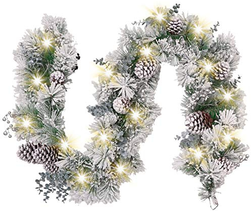 Valery Madelyn 6ft/183cm Pre-Lit Christmas Garland, Silver and White 20 LED Lights with 8 Modes, Includes Pinecone & Berries, Christmas Decoration for Mantel Window Frame (Frozen Winter)