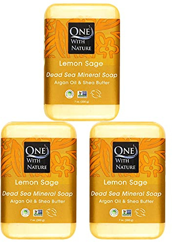 One With Nature Dead Sea Salt Lemon Sage Soap 7oz 3-Pack – Purifying and Exfoliating Soap Bar with Dead Sea Minerals for Face & Body, for Men & Women