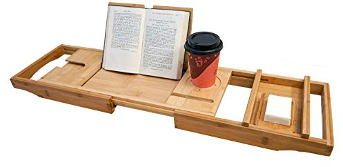 Yogibo Traybo H2O Luxury Bath Caddy Trays for Bathtub, Expandable Adjustable Bamboo Tub Tray Organizer with Book, Wine, Candle Holder for Reading and Spa
