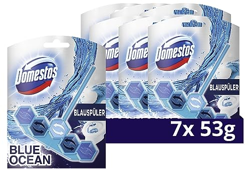 Domestos Power 5+ Aktiv Blauspüler WC Reiniger Blue Ocean, WC Stein mit Anti-Kalk Schutz für effektive WC Reinigung 7x 53g