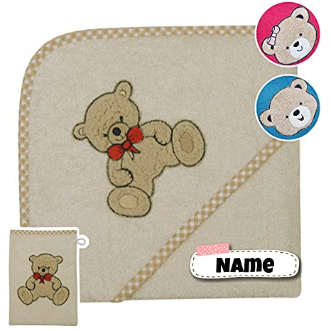 Stickling Baby Kapuzenhandtuch Set mit Waschlappen | Baby Handtuch 80 x 80 cm Kapuzenbadetuch | personalisiert mit Name | Baby Badetuch Bestickt mit Namen | Jungen Mädchen (Teddy Natur)