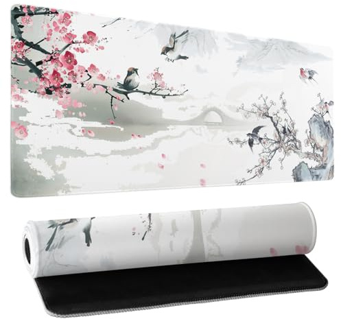 Tapis de souris de jeu Sakura en fleurs de cerisier 80 x 29 cm avec bords cousus – Sous-main de bureau imperméable – Base en caoutchouc antidérapant – Grand tapis de souris de jeu pour ordinateur pour