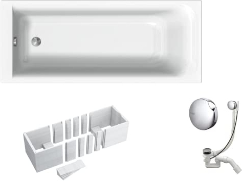 VBChome Badewanne 170x70 cm Acryl SET Wannenträger Siphon Wanne Rechteck Weiß Design Modern Styroporträger Ablaufgarnitur in Chrom
