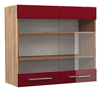 Vicco Küchenglasschrank Fame-Line, Bordeaux Hochglanz, 80 cm | MDF-Front · Soft-Close · Tiefe – 34,1 cm · Metallgriffe · ✓ Alles im Blick
