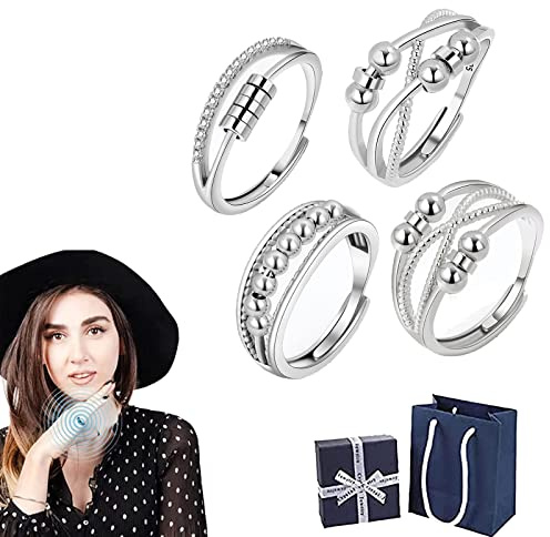 Camic Jansio Dreifacher Zappelring,Jansio Threanic Triple-Spin Ring,Feellief Zirkonia Triple Fidget Ring,Anti Angst Ring FüR Frauen (4 Packs)