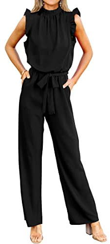 KIRUNDO Jumpsuits For Women Dressy Summer One Piece Sleeveless Ruffle Mock Neck Belt Pockets Formal Wide Leg Pants Romper(Black, Medium)