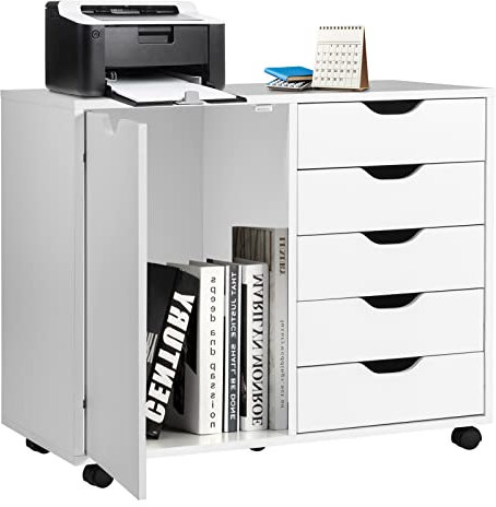 COSTWAY Rollcontainer mit 5 Schubladen, mobiler Aktenschrank mit Tür, Arbeitsplatte & Rollen, Rollwagen Schubladenschrank modern für Büro Wohnzimmer, 79 x 39 x 65cm