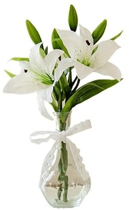 HXSCOO Simulierte Lilie, einzelne Handgefühl, Blumenstrauß, Seidenblume, Wohnzimmer, Desktop, TV-Schrank, Dekoration, gefälschte Blume, Blumenarrangement, Ornamente (Color : 2 Whit with Bottles)