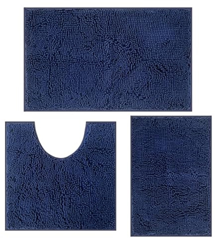 RUN HELIX Ultra Soft Chenille Bath Mat Non Slip, Bath Mat Set 3 Piece, Shaggy Bathroom Mats, Absorbent Bath Mats for Bathroom, Fluffy Bathrooms Mat Set with U-Shaped Toilet Rug (Drak Blue)