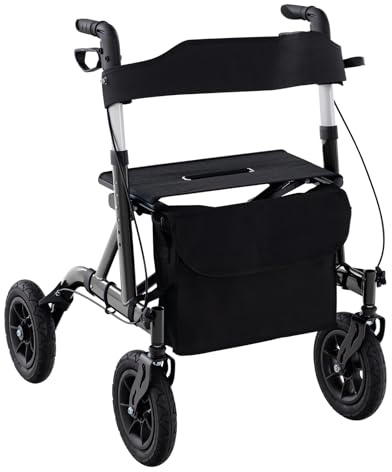 COSTWAY Déambulateur à Roue Pneumatique Tout Terrain de 24 cm Réglables en Hauteur 81-93,5 cm, Rollator Pliable en Aluminium avec Siège 2 Freins à Main Sac de Rangement, Charge 136KG (Noir)