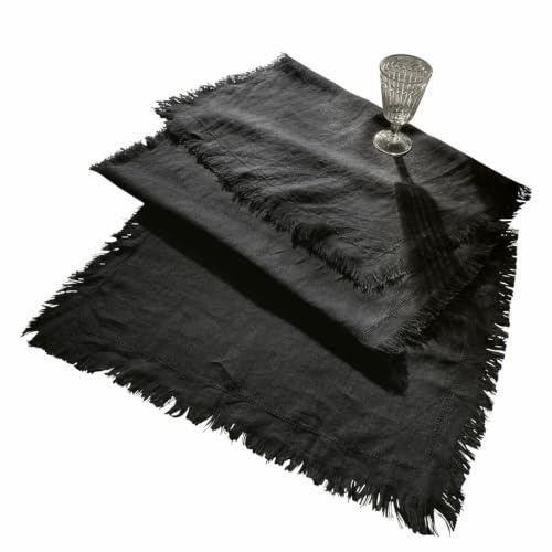 LOBERON Tischläufer Pibrac, schwarz | schöne Hohlsaumstickerei, robust & langlebig, dezentes Design, Tischdekoration, Tischwäsche, Leinen