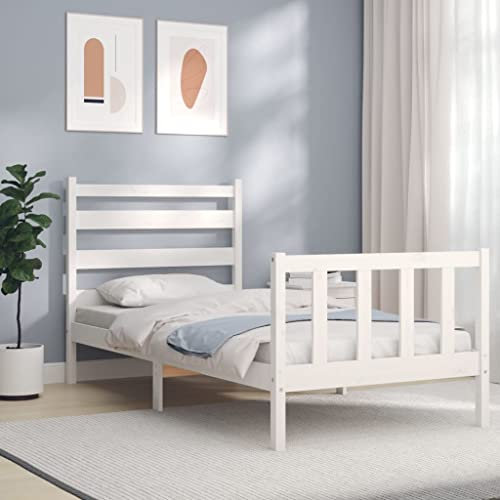 Camerina Massivholzbett mit Kopfteil Bettgestell Bed Frame Holzbett Kopfteil Bett Schlafzimmer Bett Massivholzbetten Weiß 100x200 cm 3192027