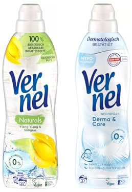 VERNEL Fabric Softener Set 2x 37 Washes (74WL) 1x Naturals Ylang Ylang & Sweet Grass & 1x Derma & Care, Provides Irresistible Softness, Recyclable Bottle