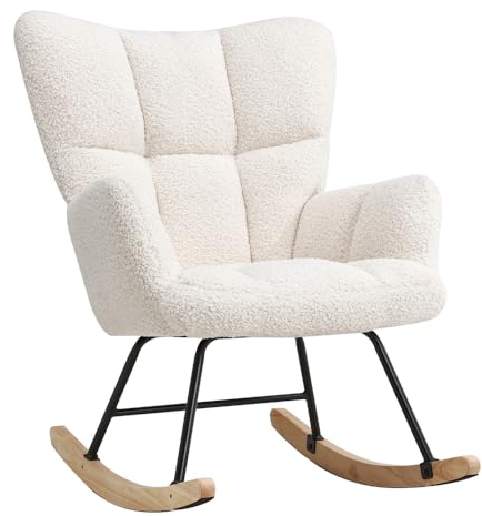 DARDVORLAG Schaukelstuhl mit weichem Lammfellimitat Beiger Relaxstuhl im Skandi-Stil gepolstert & ergonomisch ideal fürs Wohnzimmer Schlafzimmer