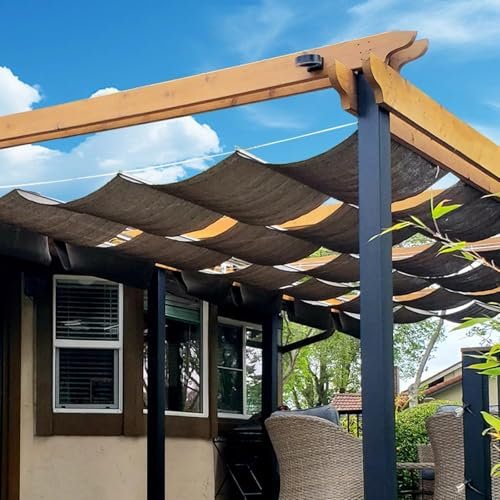 Geovne Voiles d'Ombrage de Vague Rétractable,Toile d'Ombrage Marron,Canopée Ombre en HDPE, Respirant/Filtrant la Lumière/Anti-UV Filet Protection Solaire,pour Patios Extérieurs (1.9x15m/6.2x49ft)