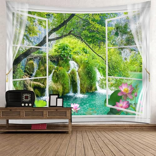 Tapestry Wall Grün, Polyester Tapestry Hanging Fenster See- Und Baumlandschaft Tapisserie für Wohnzimmer Schlafzimmer Wanddeko Wandteppich 150x150CM