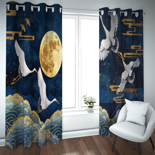 CHERHERART Japanischer Stil Extra Lange Vorhänge Abstrakte Wolken Kranichdruck Fenstervorhänge für Wohnzimmer Thermische Ösenfensterbehandlungen 2er Set B107xH213