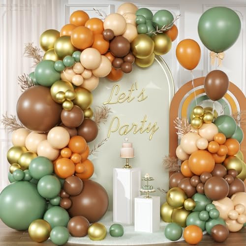 Kit de arco de globos marrón y verde, 147 guirnaldas de globos de café marrón, naranja y dorado con globos de látex de globos verdes nude para safari de la selva, fiesta salvaje, bosque, cumpleaños