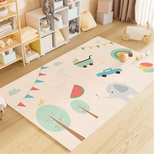 Spielteppich Kinderteppich Rug Ultraweiche Rutschfest Spielmatte Waschbar Zoo Tiere für Mädchen Jungen Krabbeldecke fürs Kind Rutschfester Teppich Kinderzimmer Elefant Löwe (Creme 3, 120x160cm)