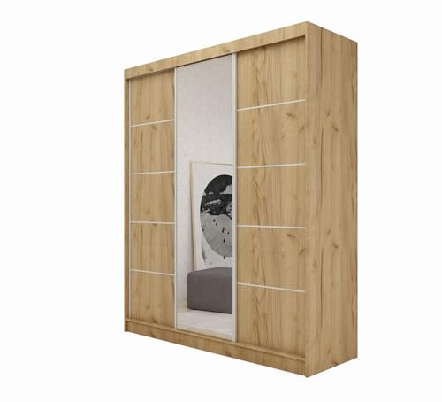 AGMAT-FURNITURE Schwebetürenschrank Kira, Kleiderschrank mit 3 Türen und Spiegel und 2 Schubladen, Moderne Garderobe in Farbe: Artisan, Schrank in Größe: 180 x 216 x 61 cm