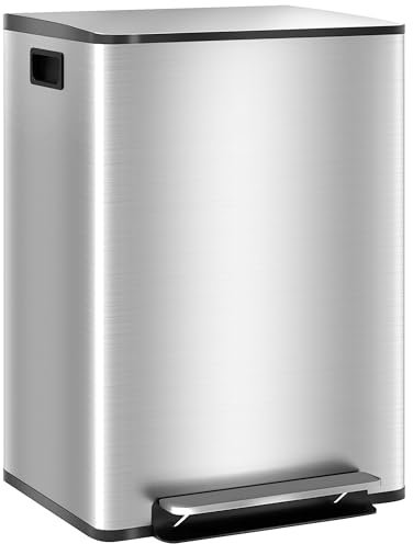 HOMCOM Cubo de Basura de Cocina con 2 Compartimentos 2x30L Papelera de Cocina de Acero Inoxidable con Pedal Tapa de Cierre Suave y Cubo Extraíble para Dormitorio Oficina Salón Plata
