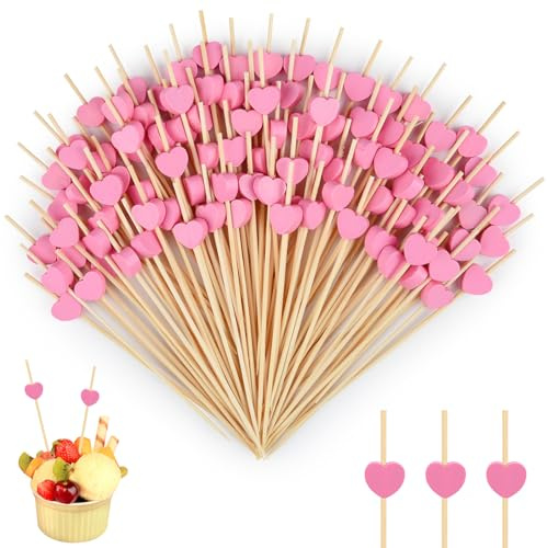 ANPUNAT 300 Counts 4.7 in Pink Heart Cocktail Picks Wooden Toothpicks Appetizer Bamboo Stick Fruit Forks for Valentine's Day Wedding Baby Shower Party Decorations Supplies