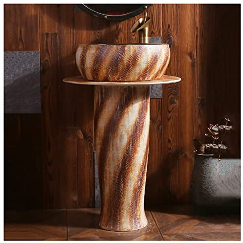 Pedestal Sink Handcrafted Ceramic wash Basin Pedestal washbasin, Kaolin Clay Pedestal Sink Round Freestanding Sink for Indoor and Outdoor (G With mirror)