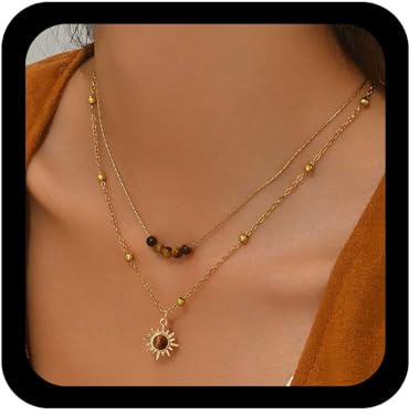 Cybche Vintage Geschichtet Sonne Anhänger Halskette Braun Perle Choker Halskette Edelstein Sonne Halskette Sonnenschein Kette Halskette Faux Opal Sunburst Halskette Schmuck Für Frauen