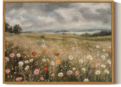 ARPEOTCY Framed Canvas Wall Art Prints, Colorful Wildflower Paintings, Farmhouse Landscape Wall Art for Bedroom Living Room Office, Vintage Bathroom Shelf Decor Aesthetic, 30x40cm