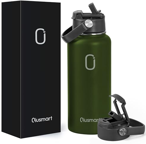 Gourde en acier inoxydable avec paille 1 l : bouteille isotherme sous vide à double paroi anti-fuite pour le sport, les voyages, la salle de sport, sans BPA (vert armée)
