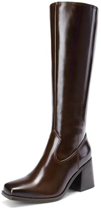 DREAM PAIRS Women's Knee High Boots Chunky Heel Square Toe Tall Boot for Women with Side Zipper,Size 5,Dark Brown,DWUMKB2509