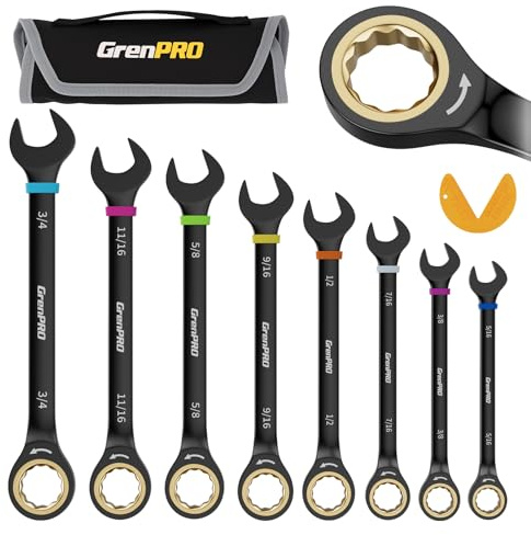 GRENPRO Ratchet Wrenches Set, Ratcheting Wrench Set, 9PC Sae 5/16 to 3/4 72Th Long Box Open End Ratchet Wrench Organizer With Color Ring With Roll Up Pouch With Gauge, Big Combination Wrench Tool Sets