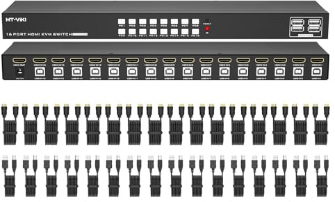 MT-VIKI 16 Port KVM Switch VGA w/Keyboard Hotkey & Audio, 【Industrial Grade】 Rack KVM Switch Support OSD/Hotkey/Button Switching, Included 16 KVM Cables