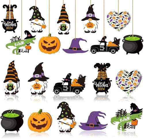 TAXTYHRE 20 Stück Anhänger Halloween Holz, Halloween Baumschmuck, Kürbis Zwerge Hexenhut Hängend Deko, mit Seil, für Innen Außen Garten Terrasse Zuhause Party Dekoration