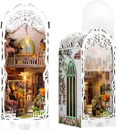 LYPPUL Book Nook Kit Buchstützen, DIY Book Nook Kit Gartenhaus, 3D Puzzle Buchstützen aus Holz, DIY Miniatur Haus mit LED Leuchten, Diorama Modelbau Puppenhäuser für Erwachsene Geburtstagsgeschenk
