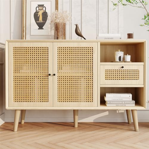 Élégant buffet en rotin avec 2 portes, étagères réglables et pieds en noyer massif – Rangement élégant pour salon et cuisine 120 x 40 x 78 cm Finition beige