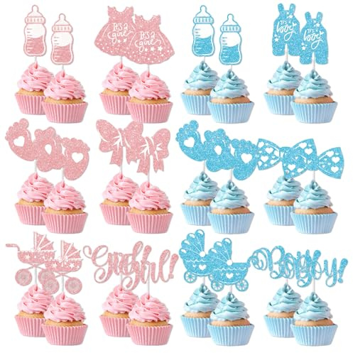 BRTNUP 24 Pack Gender Reveal Cupcake Toppers, Baby Shower Decorations for Gender Reveal Party Supplies Kids Birthday and Theme Cake Decorations Pack Glitter Boy or Girl Cupcake Toppers (Multicolor A)