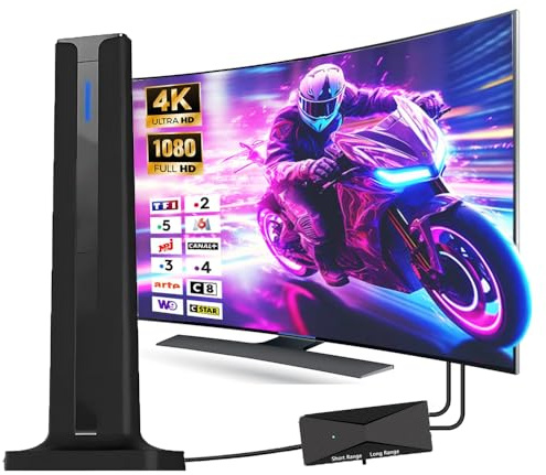 Antenne TV Intérieure Puissante, Antenne Interieur TNT Puissante avec Amplificateur de Signal à Gain Élevé, Réception Longue Portée Compatible avec TV 4K 1080P & Câble Coaxial de 5m