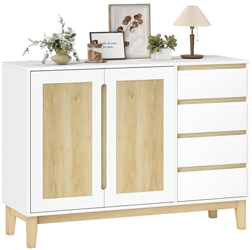 HOMCOM Buffet 2 Portes 4 Tiroirs Nordique 120 x 40 x 86 cm Blanc et Chêne