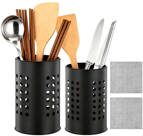 Brilovent Kitchen Utensils Holder, 2Pcs Stainless Steel Black Cutlery Holder, Countertop Organizer and Kitchen Decor Utensil Holder Set with 2 Silver Wire Dishcloths