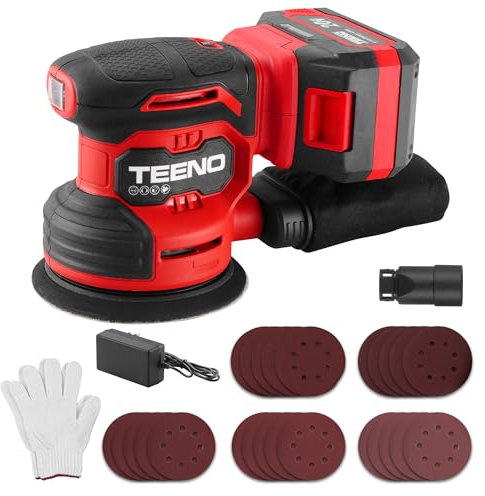 TEENO Ponceuse Orbitale Sans Fil 20V - Ponceuse Excentrique 125mm 6000-12000 tr/min, Kit Complet avec 25 Papiers de Verre, Batterie 4.0Ah et Système d'Aspiration