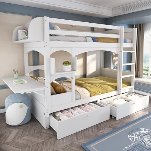 Mrwoo Etagenbett 90x200 cm mit Leiter und 2 Schubladen, Doppelbett mit klappbarem Schreibtisch und Aufbewahrungsregal, großen Stauraum, Lattenroste, weiß (Ohne Matratze)