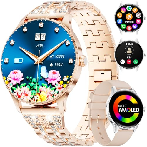 FitVigor Smartwatch Damen - Luxus-Metallarmband mit Strass/1.32 HD AMOLED Display/270+ Zifferblätter, Fitnessuhr mit 110+ Sportmodi,Schlaftracking,Telefonfunktion,Uhr für iOS Android