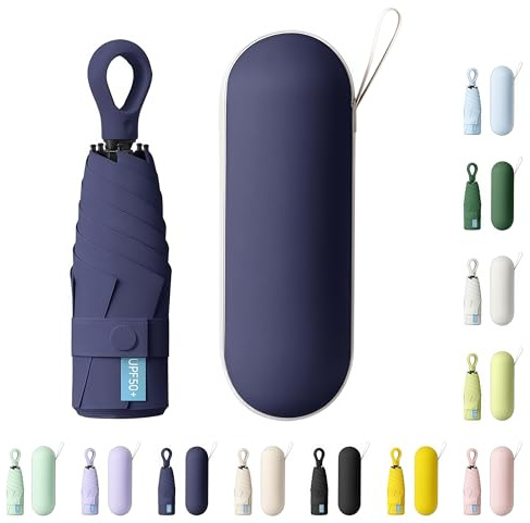 AYEUPZ Mini-Reiseschirm,Reiseschirm,Taschenschirm,6-Rippen Mini Schirm,Doppelstützstange für größere Stabilität,Geldbörse mit Etui – kleiner kompakter UV-Regenschirm, Sonnenschutz (Marineblau)