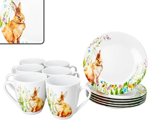 MamboCat Osterfreude Service de petit-déjeuner 12 pièces I 6 assiettes à gâteau et 6 tasses à café de 280 ml en porcelaine avec décor lapin de Pâques I 6 personnes I pour le petit-déjeuner et le café