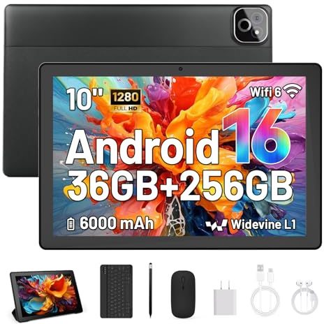 MUISOO Tablet de 10 Pulgadas, Android 16 Tablet con Teclado, Octa Core, 36GB RAM 256GB ROM (1TB TF Expand) Cámara 5MP + 8MP 6000mAh Tablets de PC Touch Pad con Stylus Ratón Auricular y Caja