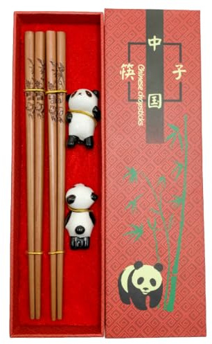 2 Pares Palillos de Chinos de Categoría Superior y Soporte de Cerámica en Forma de Panda con Caja de Valor, Chopsticks Reutilizables, Juego de Regalo para Sushi, Noodles (Madera)