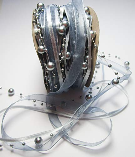 CaPiSo 15m Schleifenband mit Organza und 3 und 8 mm Perlen,Perlenband,Geschenkband,Trendyband,Perlen am Band (Silber)