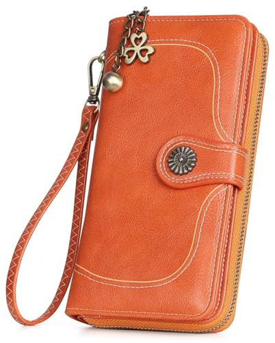 RRANCharltu Geldbörse Damen Leder Portemonnaie Damen groß im Langformat Gross Geldbeutel mit Reißverschluss Druckknopf und vielen Fächern